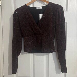 Suzy Shier Glitter Wrap Front Shirt NWT